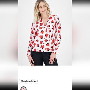 NWT T Tahari Red and Shadow Heart Pattern V-Neck Blouse